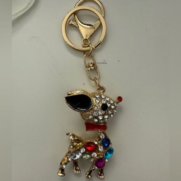 Reindeer Keychain Crystal Rhinestone With Multicolor Gems & Gold Plating - Picture 3 of 5